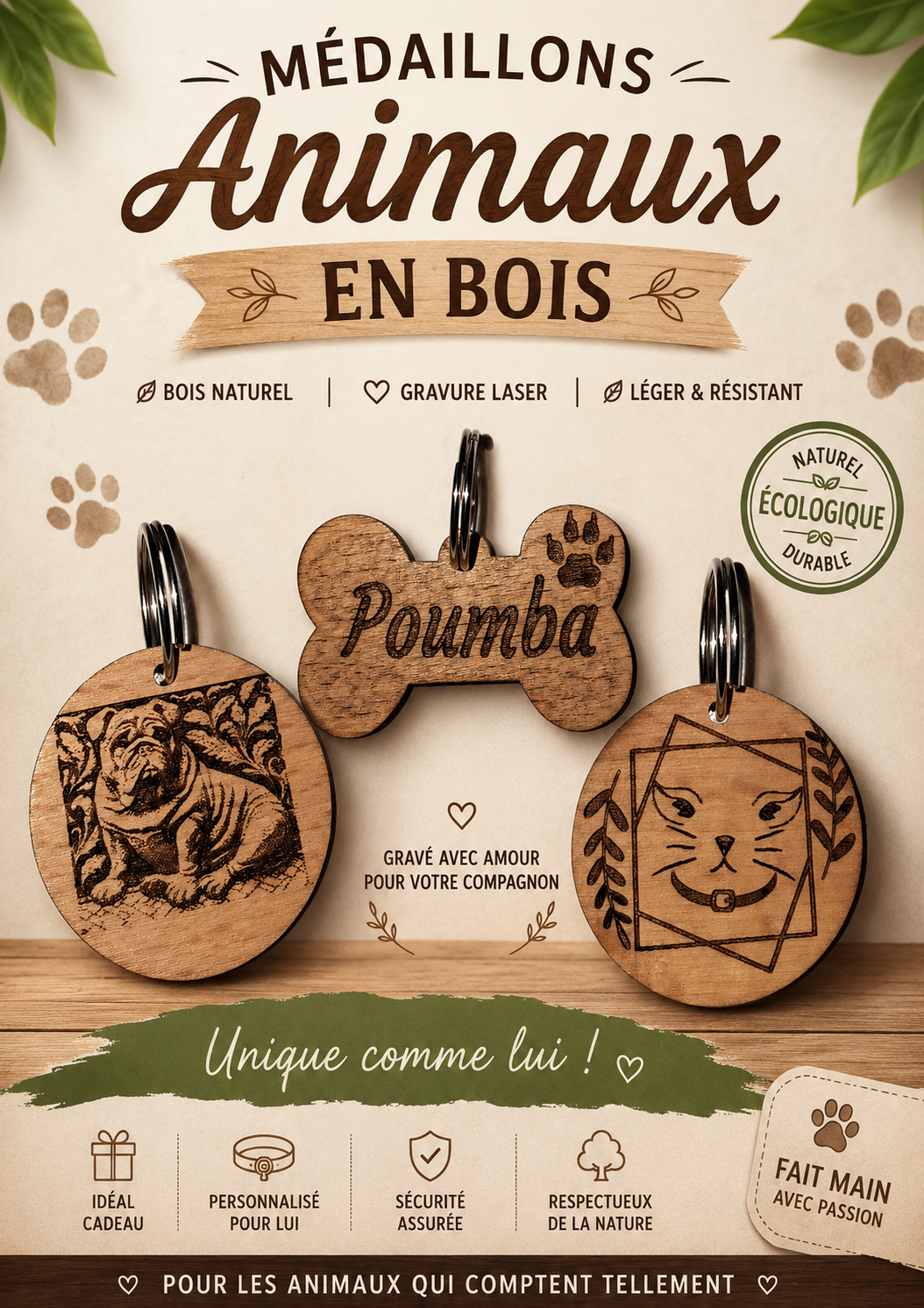 Médaillon animaux — Bois (forme os ou ronde)
