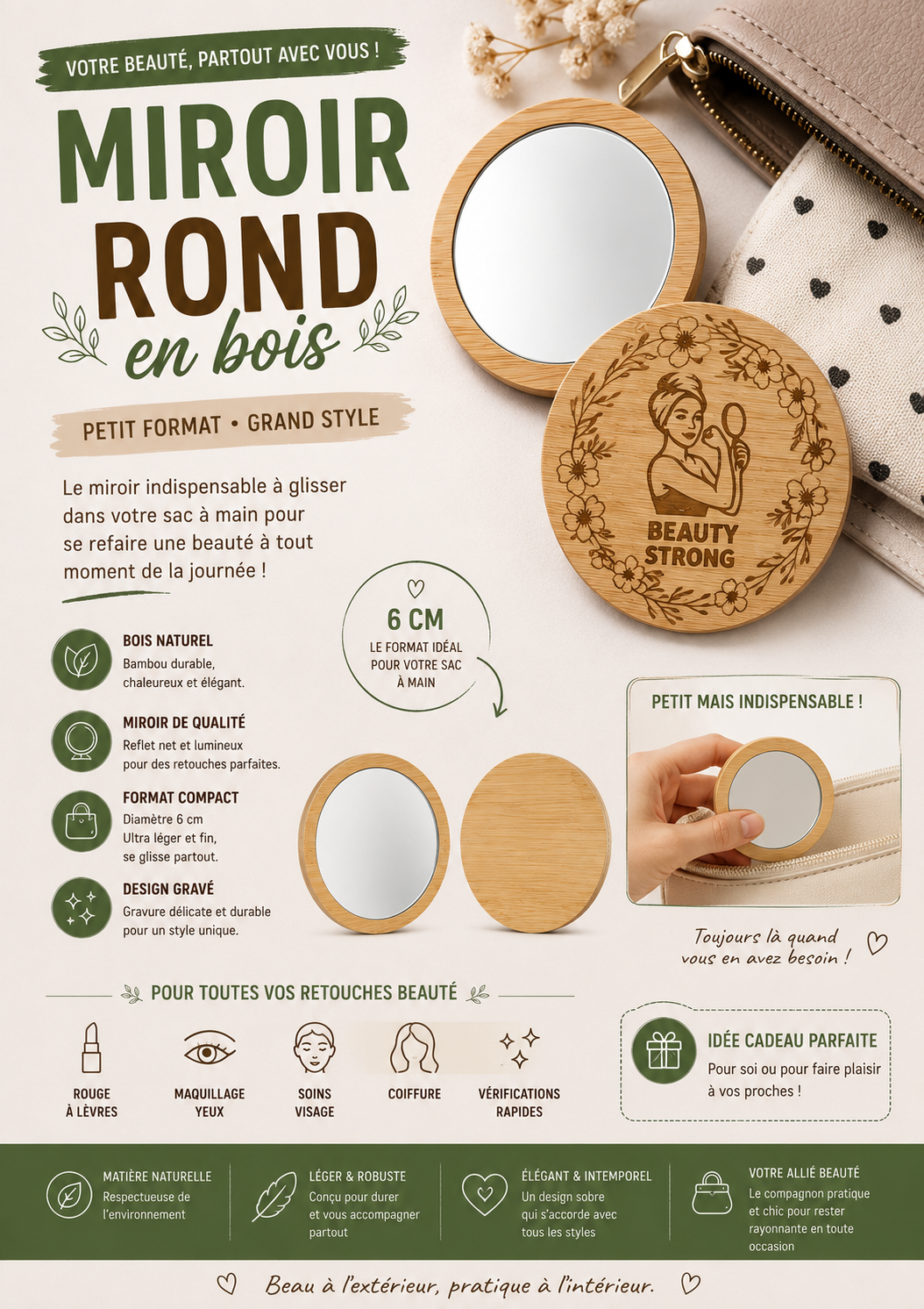 Miroir bois rond 7cm