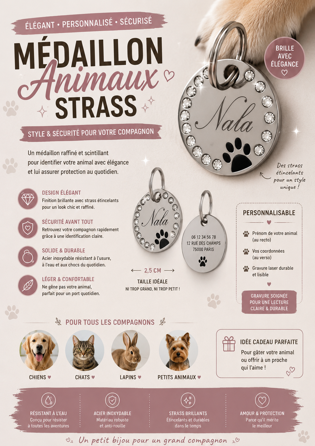 Médaillon animaux — Rond avec strass et patte ( plusieurs coloris )