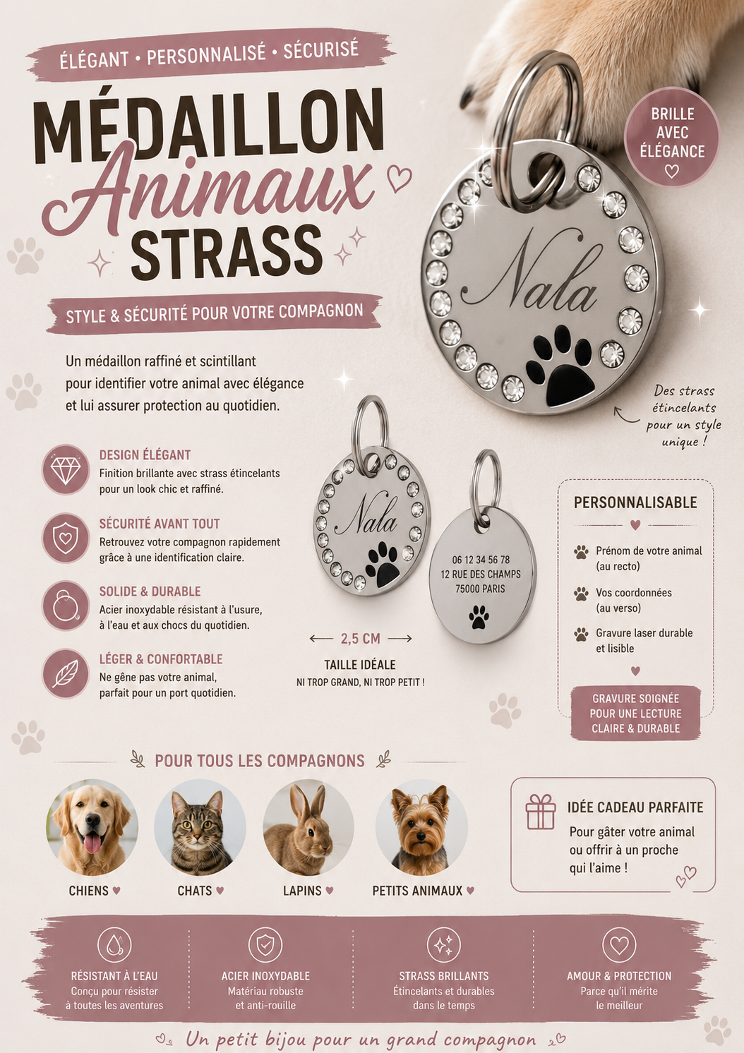 Médaillon animaux — Rond avec strass et patte ( plusieurs coloris )