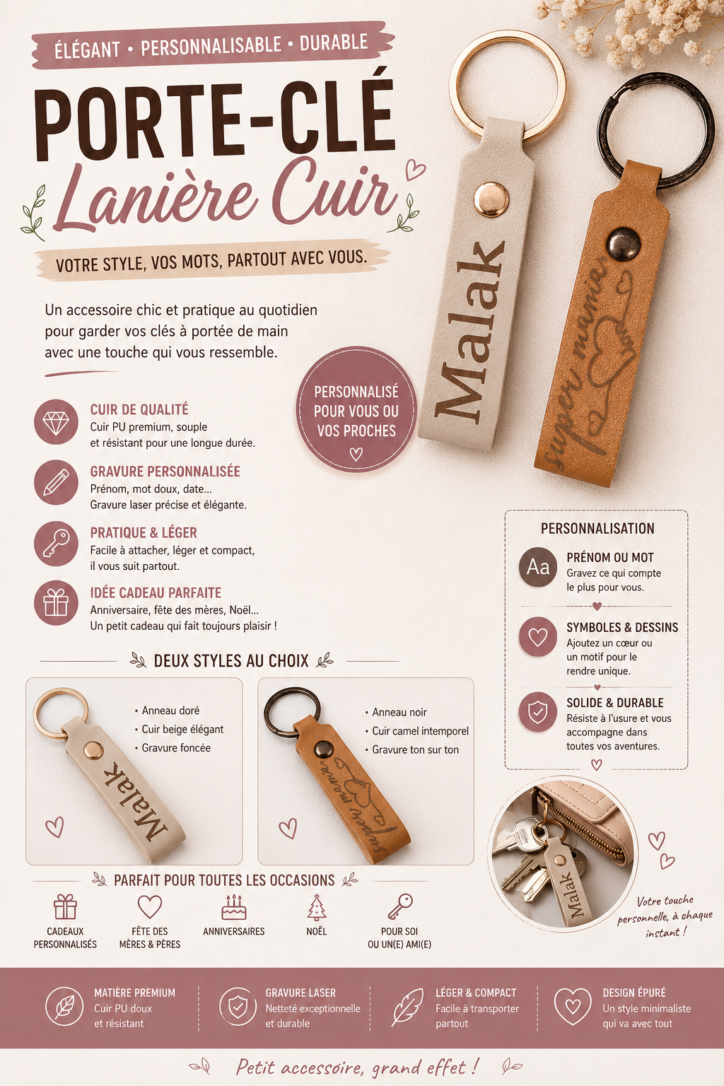Porte-clé lanière simili cuir ( plusieurs coloris )