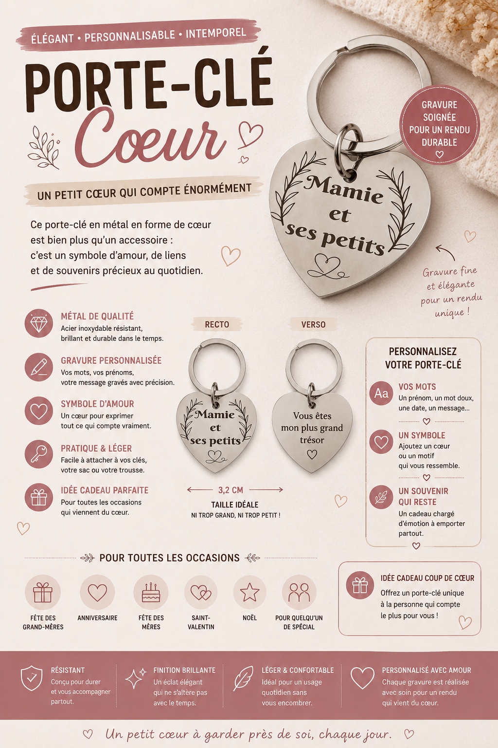 porte-clés métal rond ou coeur