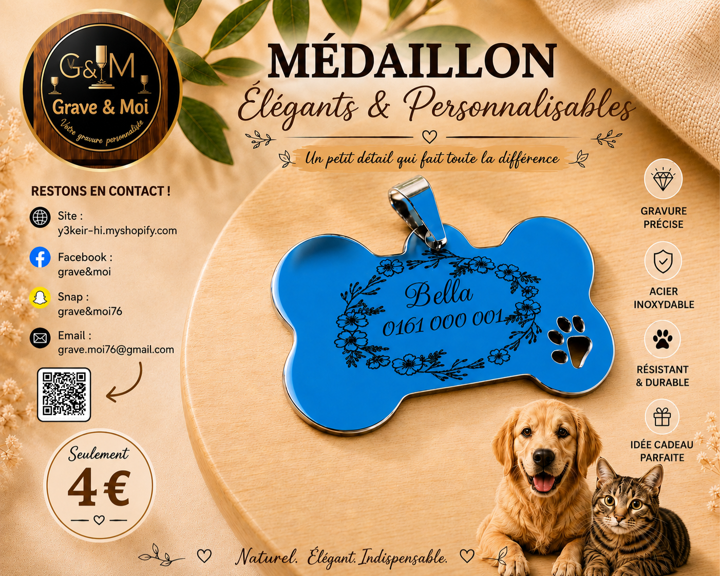 médaillon animaux os avec patte