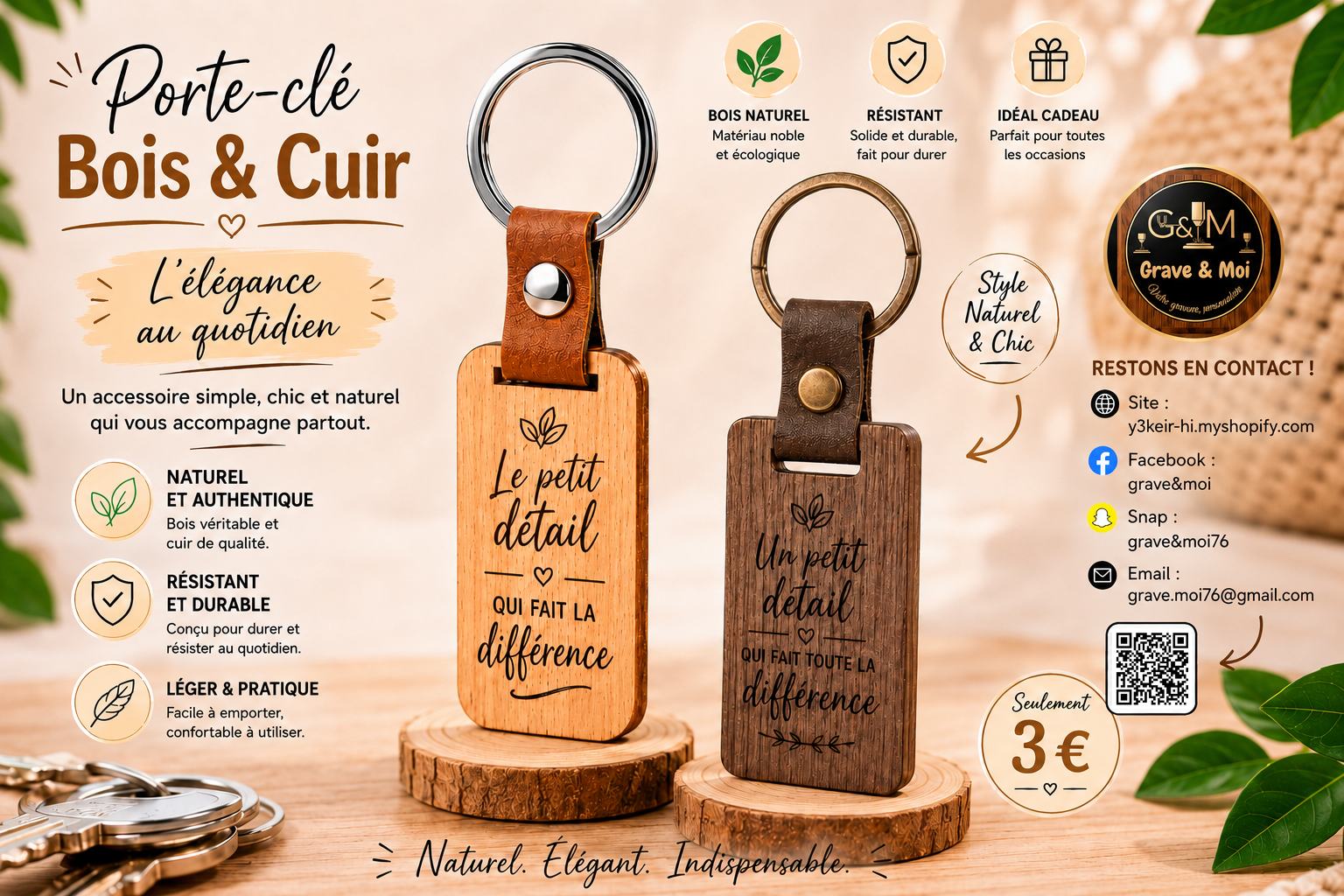 porte-clés bois&cuir