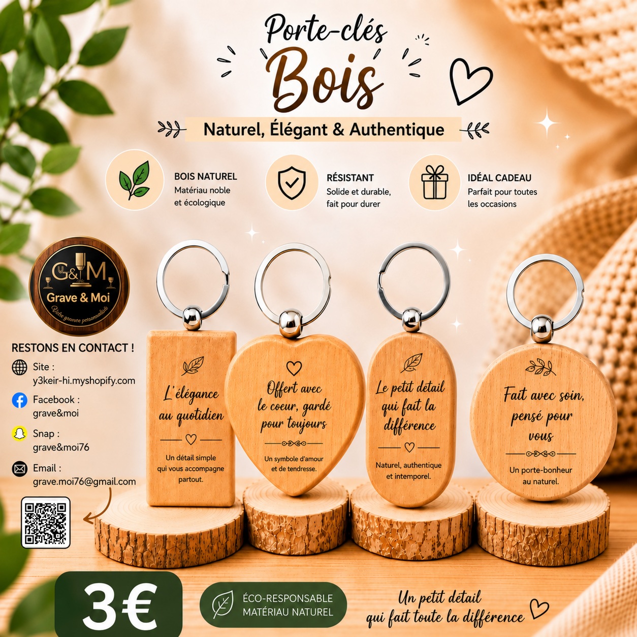 porte-clés bois rond,coeur,ovale ou rectangulaire