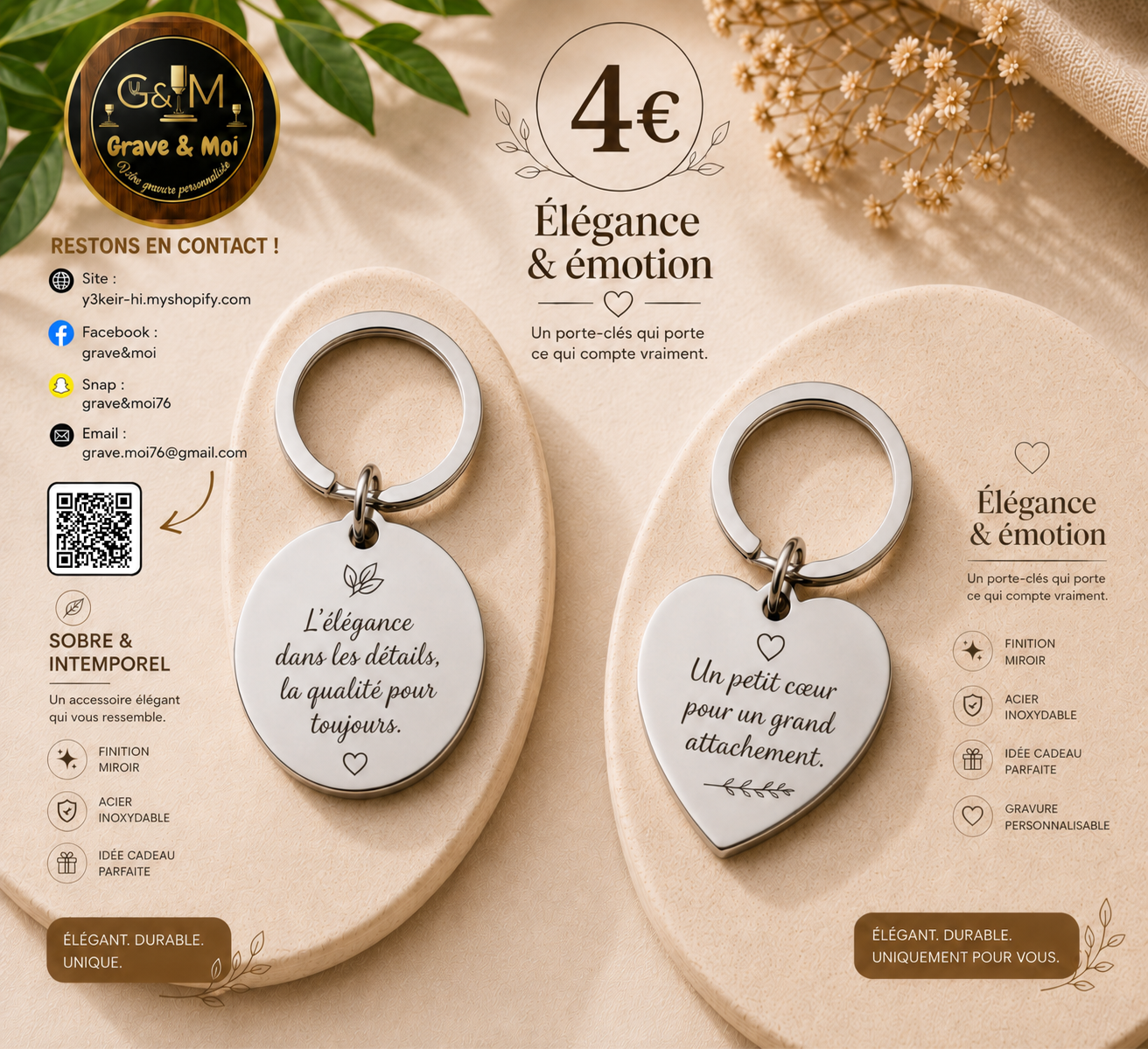 porte-clés métal rond ou coeur