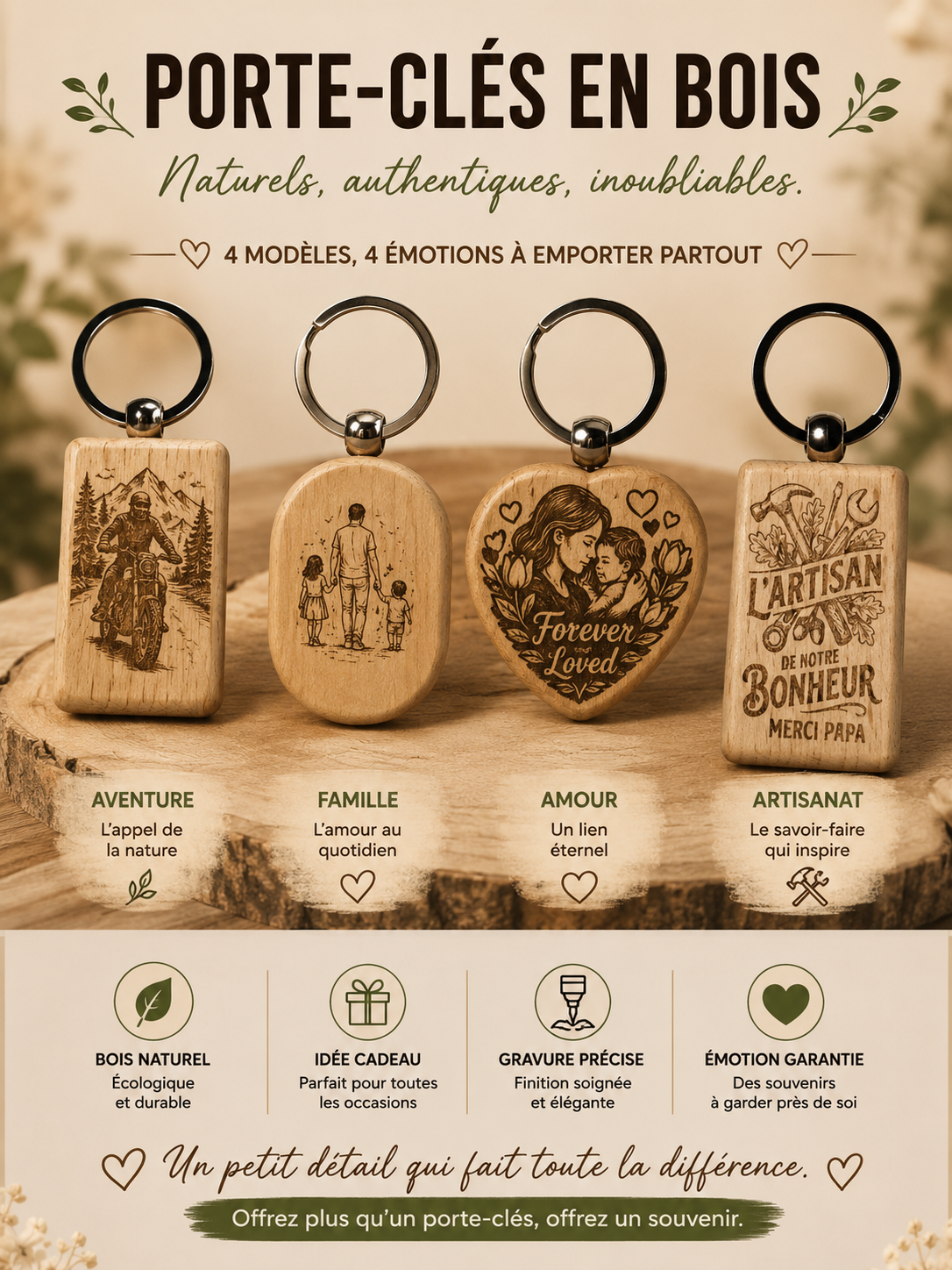 porte-clés bois rond,coeur,ovale ou rectangulaire