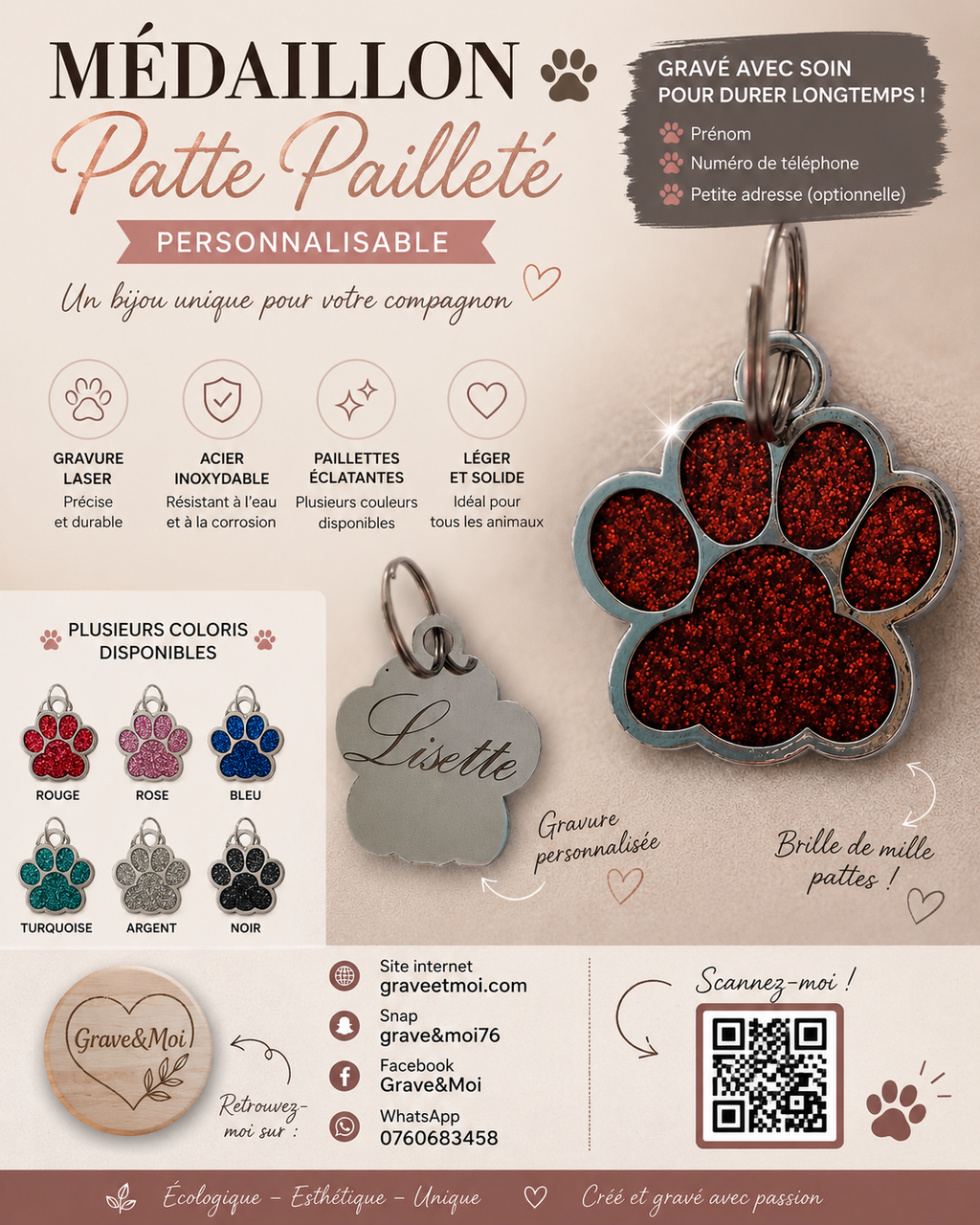 Médaillon animaux — Patte pailletée ( plusieurs coloris )
