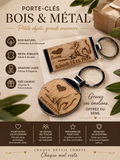 Porte-clés bois & métal rond ou rectangle