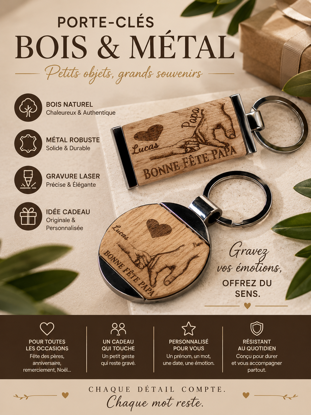 Porte-clés bois & métal rond ou rectangle