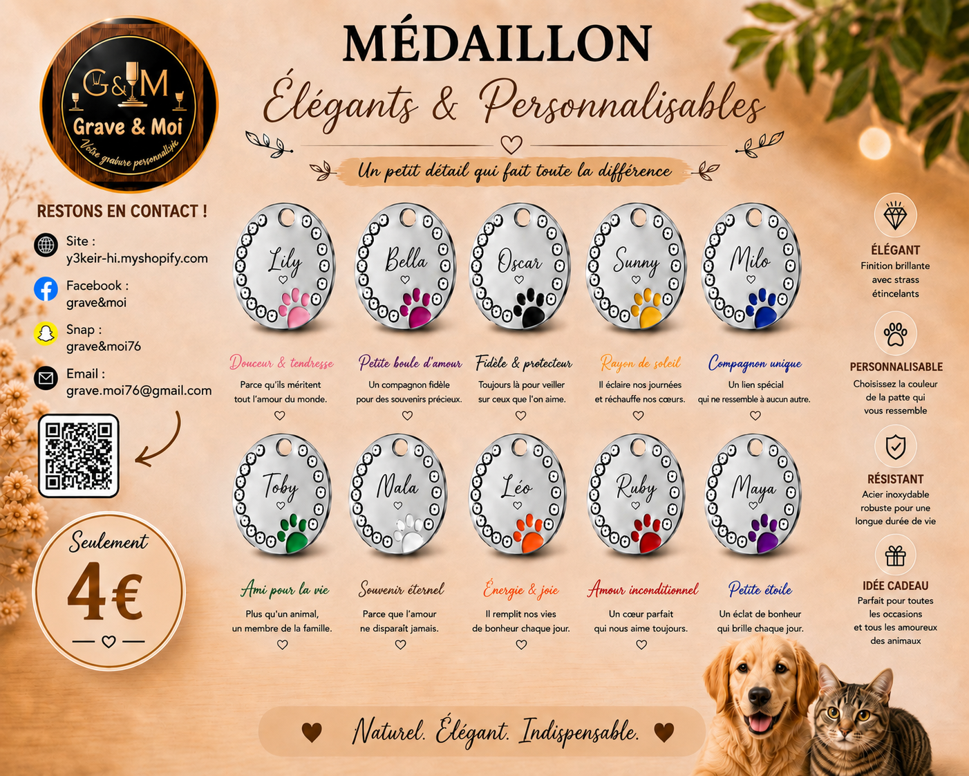 médaillon animaux rond et strass avec patte