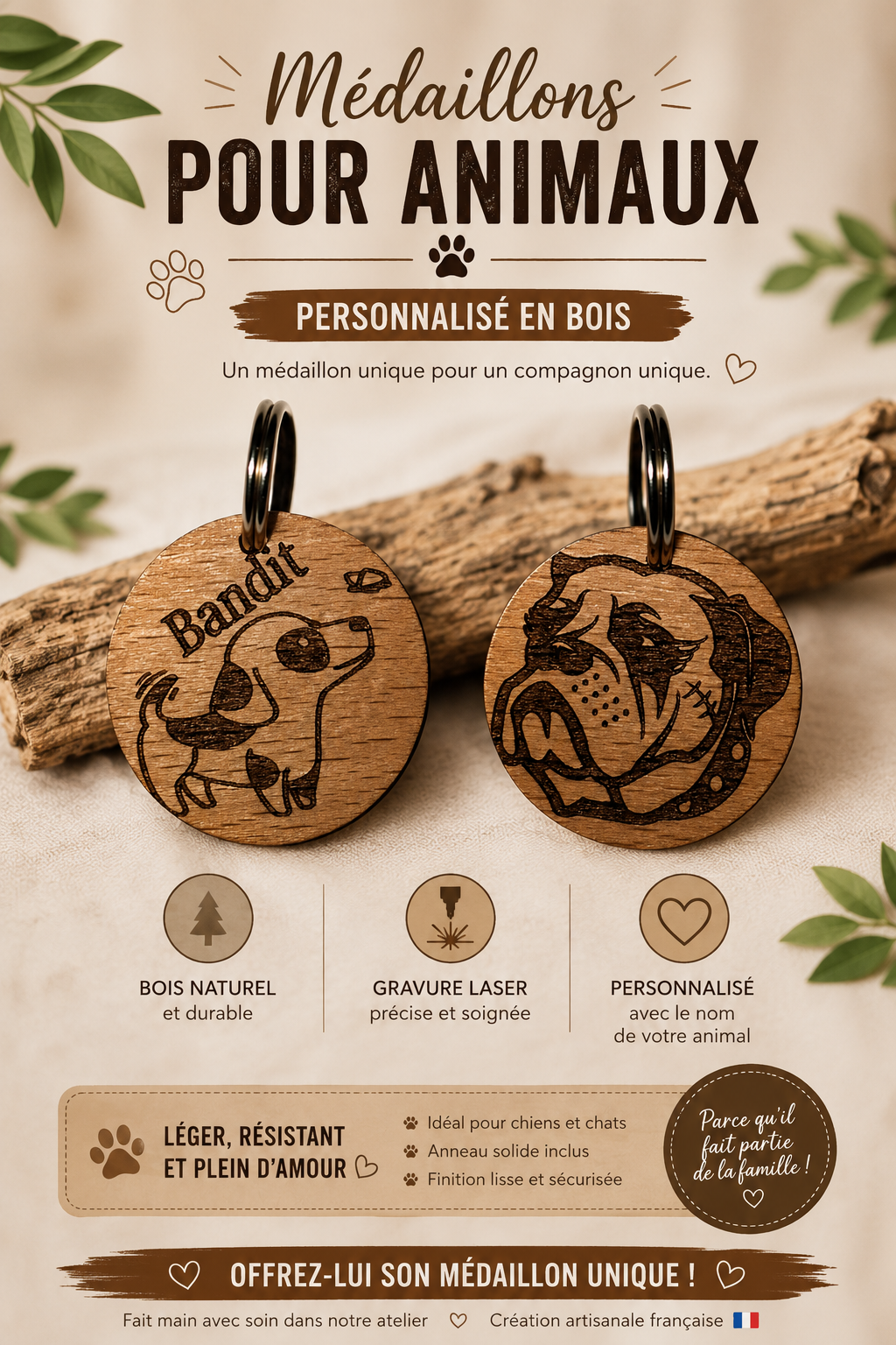 Médaillon animaux — Bois (forme os ou ronde)