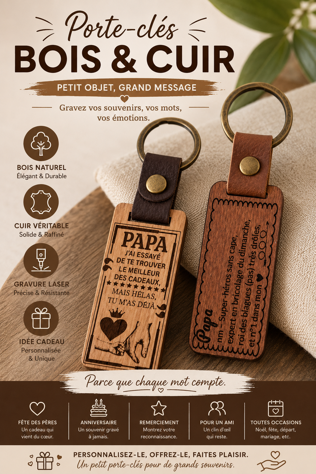 Porte-clés bois & cuir clair ou foncé